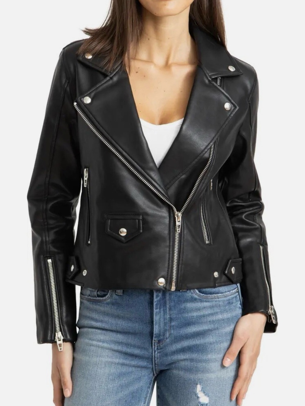 Blank NYC Black Faux Leather Moto Jacket with Silver Hardware
